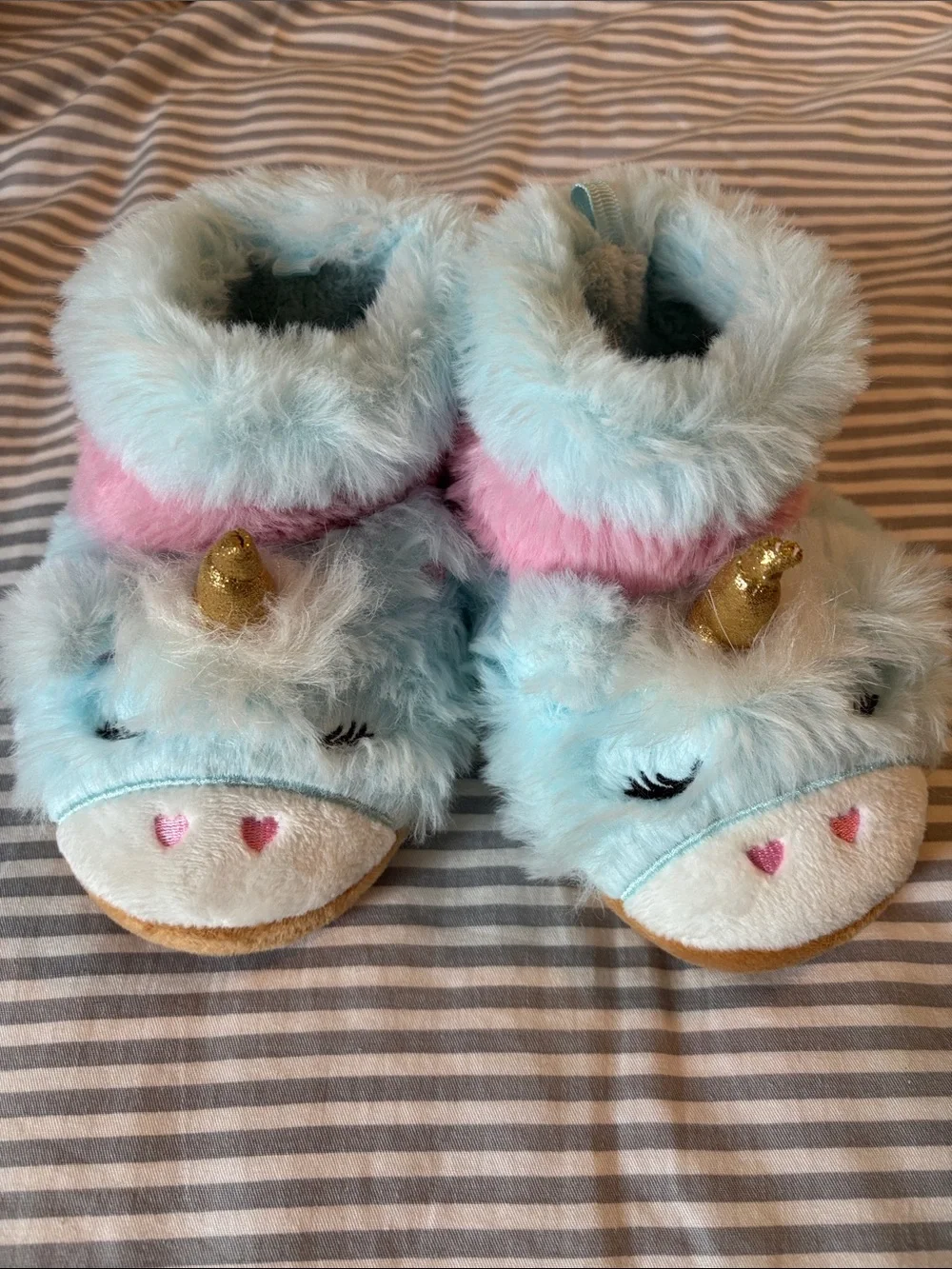 Kids Unicorn Plush Slipper Boots in Light Blue and Pink